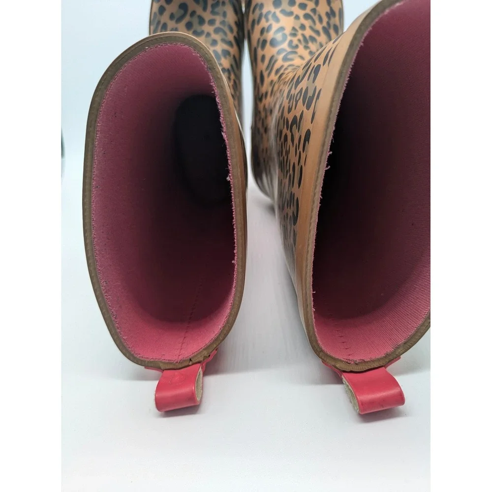 Girls Leopard Print Rain Boots Size 3 Brown Pink Waterproof Mid Calf Boots